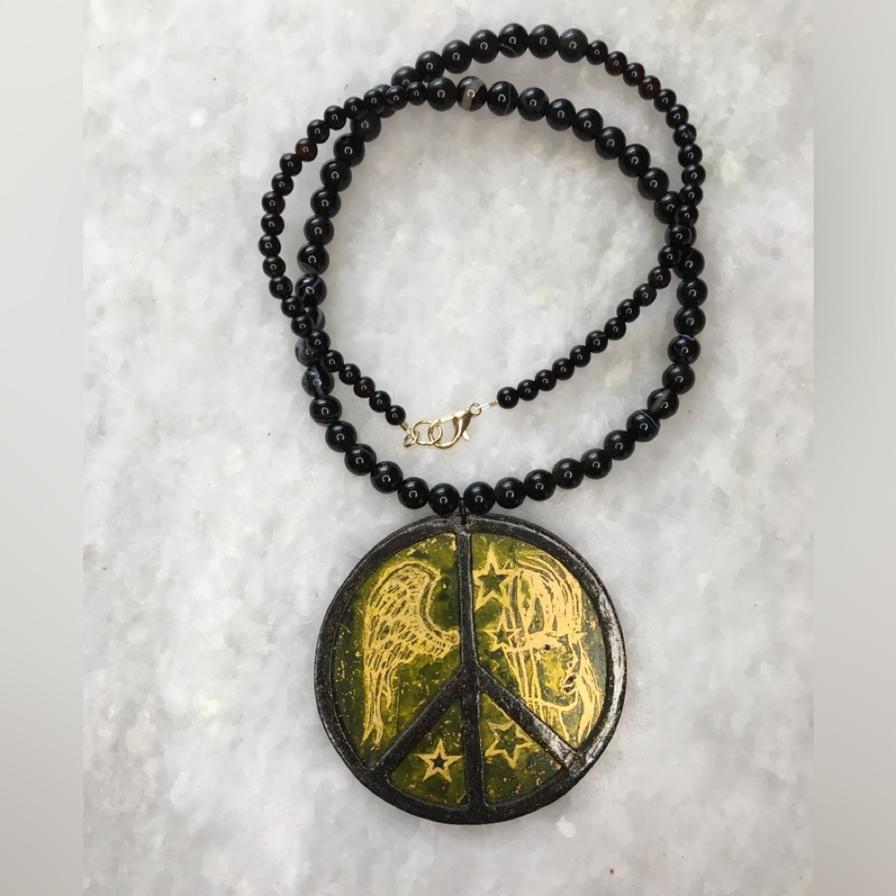 Peace Necklace | Handcrafted with black onyx and black agate beaded 18” necklace - Picture 4 of 16